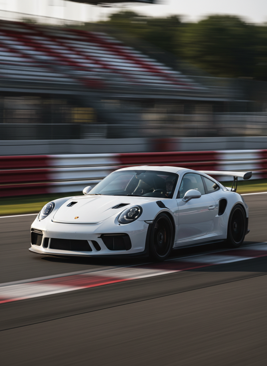 A dramatic, motion-focused photographic realism image of a single white Porsche GT3 RS attacking a fast corner on a professional racing circuit. The car is captured mid-apex, with its front splitter inches from the red-and-white curbing and rear wing slicing through the air. The background is artistically motion-blurred: grandstands, safety fencing, and distant trees streak horizontally to emphasize speed. Late afternoon sunlight creates strong, directional highlights along the fenders and roofline, while deep shadows accentuate air intakes and aggressive bodywork. Shot from a low trackside angle with the car positioned on the lower third of the frame, tires slightly distorted from cornering load, the focus is razor sharp on the Porsche with subtle wheel blur. The mood is intense, exhilarating, and highly professional, ideal for conveying the premium, performance-driven experience of Porsche track rentals.