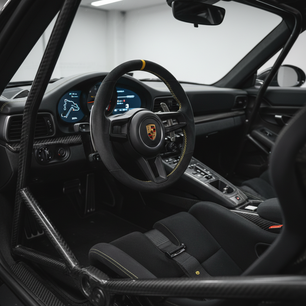 A close-up, photographic realism shot of a Porsche steering wheel inside a stripped, track-prepared cockpit. The Alcantara-wrapped wheel with yellow center stripe, intricate stitching, and brushed metal paddle shifters is in sharp focus, while the digital instrument cluster glows softly in the background with a minimalist track layout displayed. The interior features exposed carbon fiber trim, a roll cage intersecting the frame, and racing harness straps draped neatly over a bucket seat. Soft, directional overhead lighting creates gentle highlights on the carbon fiber weave and subtle shadows that define the textures. Shot from the driver’s perspective with shallow depth of field, the composition emphasizes control, precision, and driver engagement. The atmosphere is focused and technical, reinforcing the high-performance, professional nature of Porsche track rentals and advanced driver development.